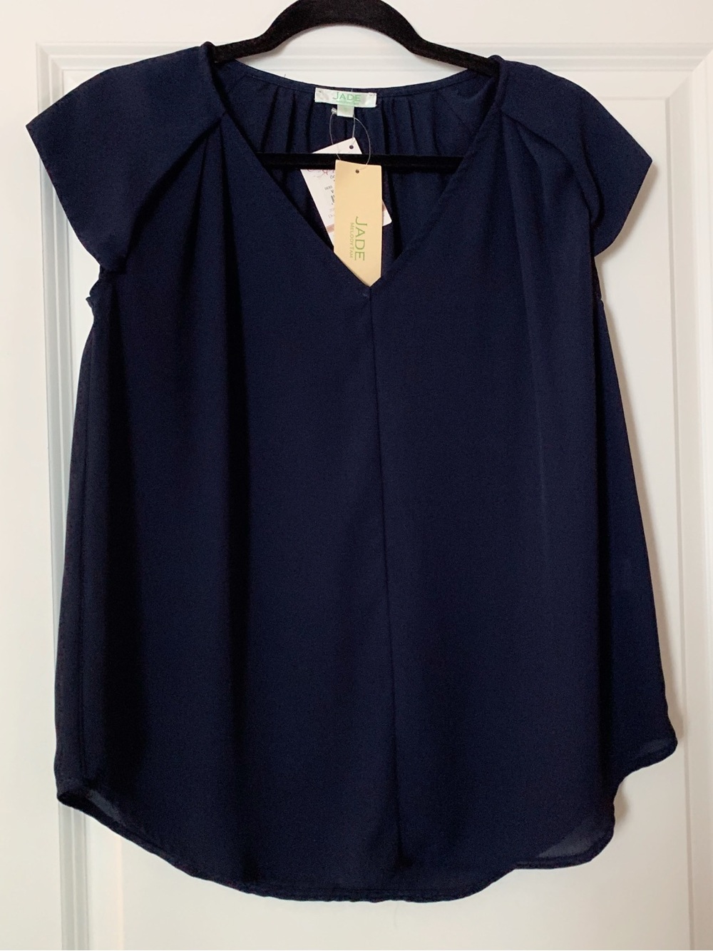 Jade Navy V-Neck Cap Sleeve Blouse